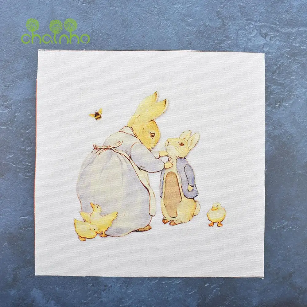 Chainho,Hand Dyed Cotton Canvas Fabric,Cartoon Rabbit Family,For DIY Sewing & Quilting Purse Book Cover Home Decoration Material