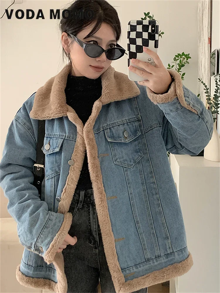 Winter Loose Casual Warm Jeans Coats Wear Fur Collar Long Sleeves Female Clothes Fleece Thicken Fashion Retro Denim Jacket Women