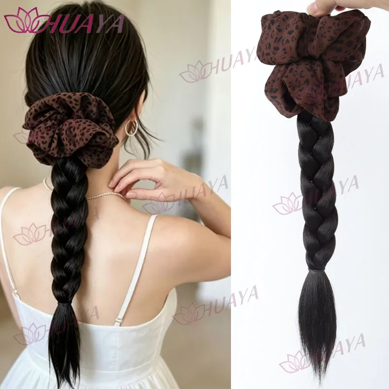 Synthetic Hair Leopard Print Big Bow Braided Claw Clip Ponytail for Women, Pre-made Lazy Fake Braid Hair Extension, Multiple Col