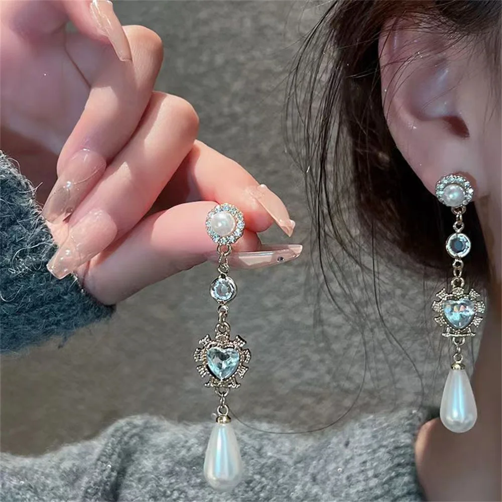 Shiny Temperament Crystal Drop Earrings For Women Pearl Rhinestone Heart Pendant Earrings Retro Long Tassel Charm Jewelry Sets