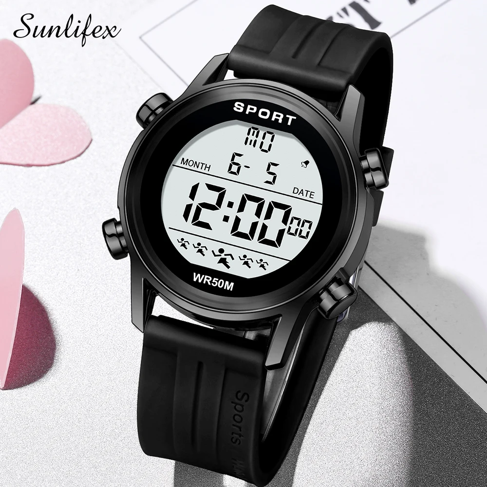 Sunlifex Men Outdoor Sports Multifunctional Waterproof Large Screen Display Luminous LED Digital For Men Fashion Silicon Watch