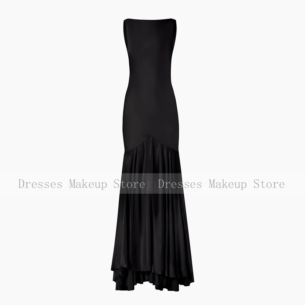 Mermaid Evening Dress Black Satin Backless Boat Neck Trumpet Women's Evening Gowns Long Sleeveless Sleeveless Formal Party Dress