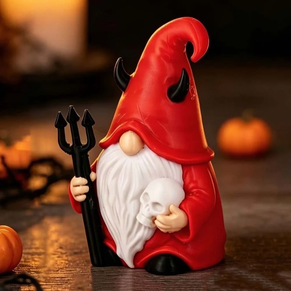 Gothic Tabletop Red Robe Red Gnome Holding Trident White Beard Halloween Figurine Black Horns PLA Skull Miniature Office Desk