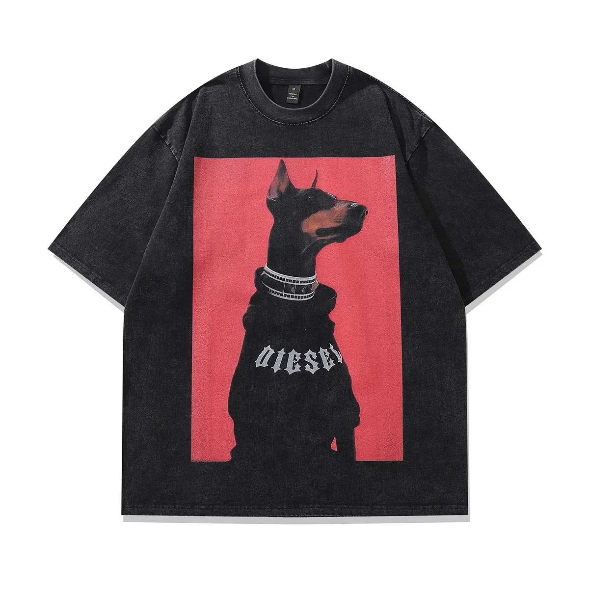 Doberman Pinscher Gangster Print Washed and Aged Short-sleeved T-shirt Men and Women Retro Half-sleeved