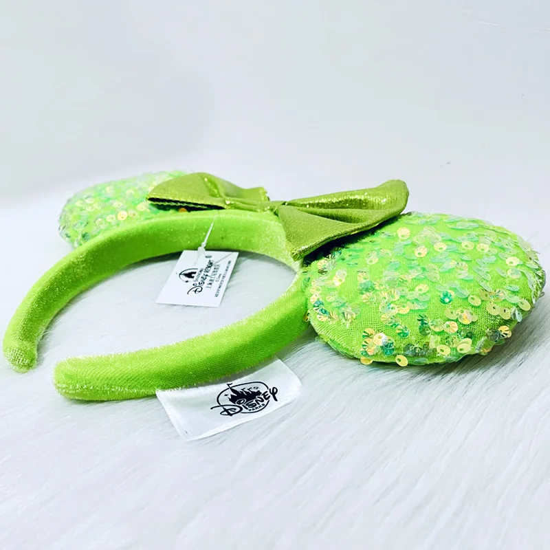 Diadema de orejas de Mickey y Minnie para adultos, diadema de lentejuelas de concha transparente, accesorios de Minnie Park, suave, felpa verde de