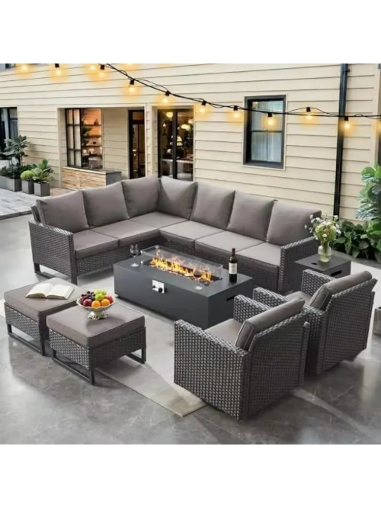 

9 Piece Patio Furniture Set,Outdoor Sectional Sofa Couch & Swivel Rocker Chairs,Propane Firepit with Hidden Fuel