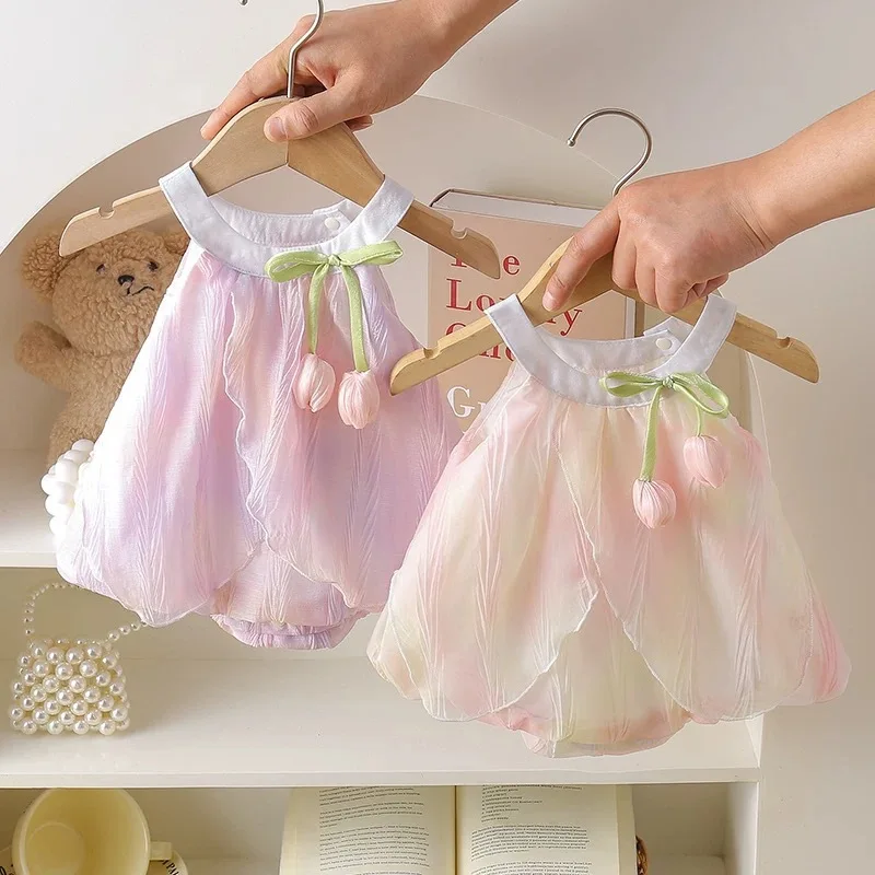 Adorable 0-24M Baby Girls Tulip Decor Bodysuit Summer Halter Sling Princess Romper Dress Soft Breathable Newborn Girls Onesie