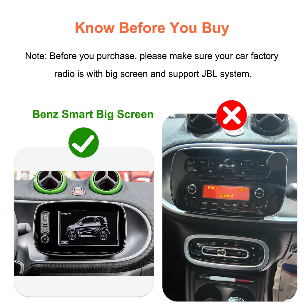 Bonroad Wireless Carplay Android Auto Nachrüstsätze für Mercedes Benz Smart 453 Fortwo Forfour 2016-2019 Interface Mirror Link – Detail 3