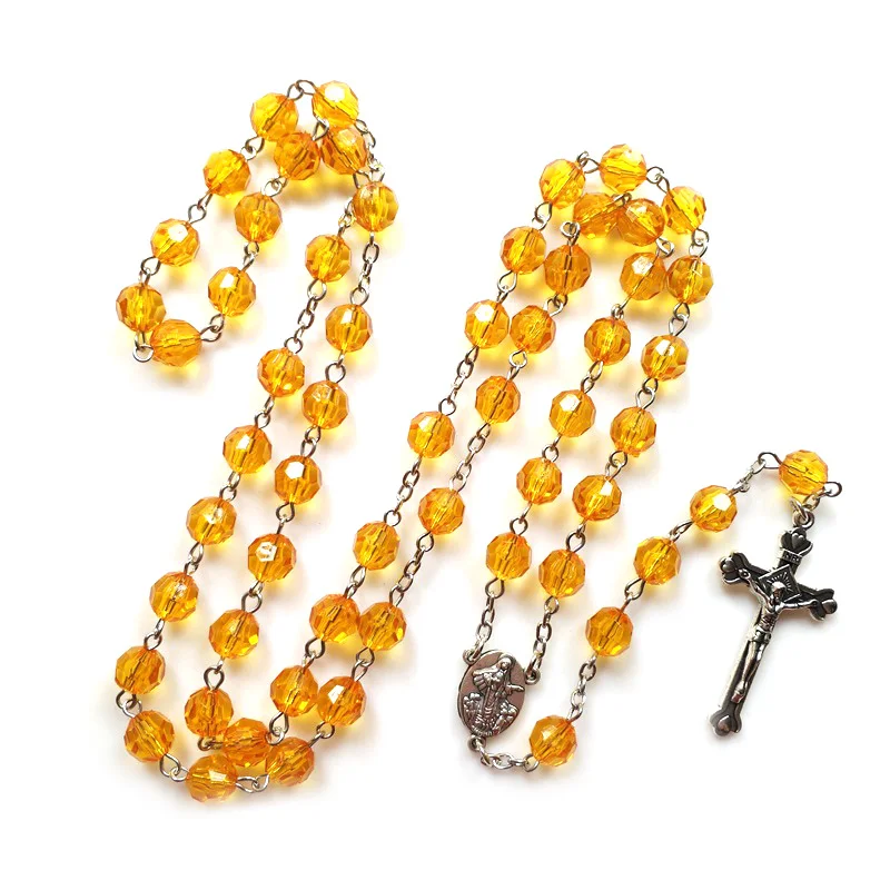 QIGO Green Acrylic Rosary Necklace Vintage Cross Pendant Long For Men Women Christian Church Prayer Ornaments