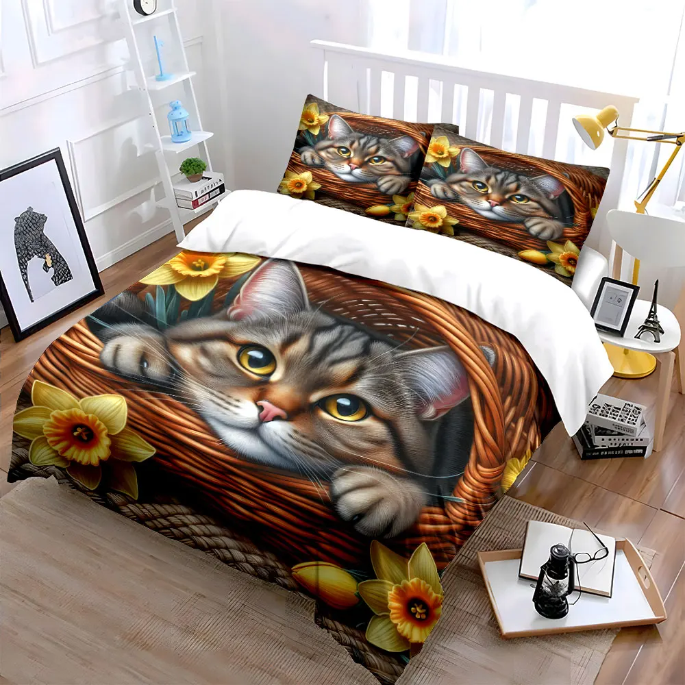 Cat in basket with daffodils Pattern Duvet Cover Set Digital Print Colorful Polyester Bedding with Zipper Closur for kids gifts