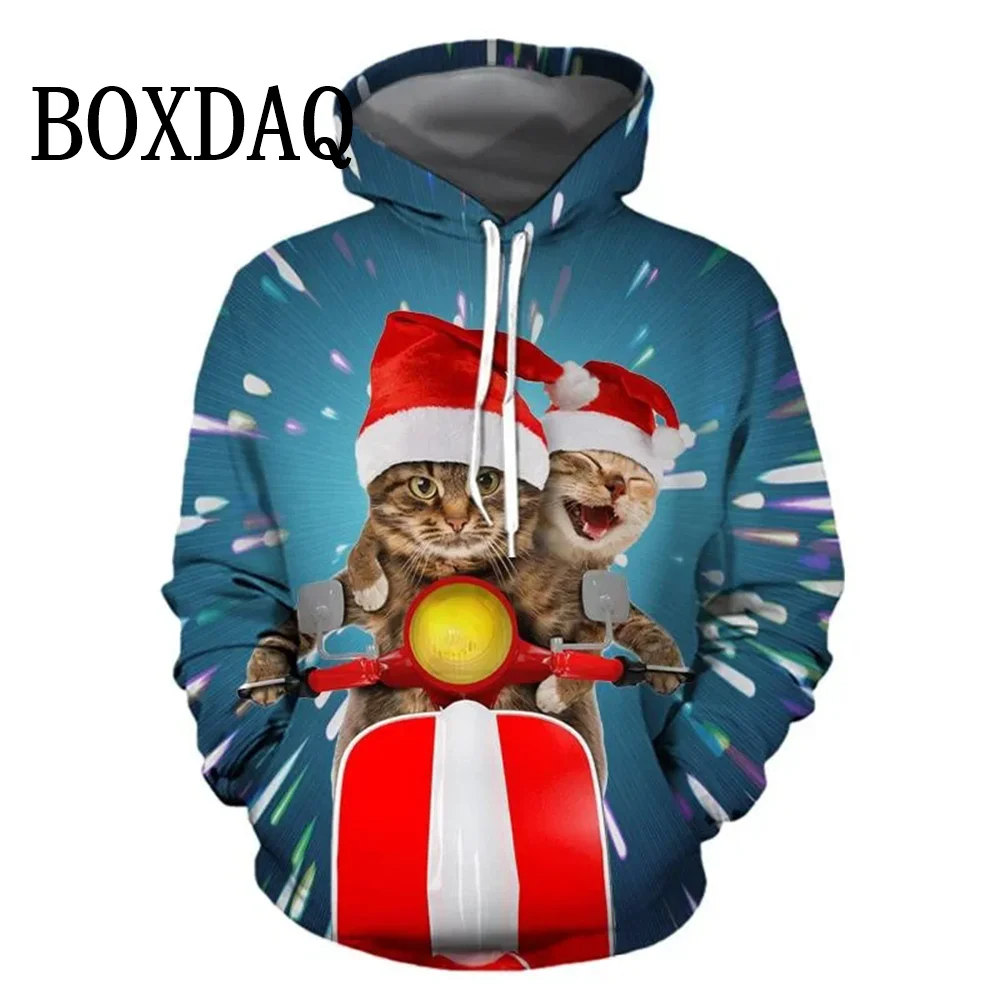 Funny Cat Christmas Party Hoodies Women Cute Sweet Casual Fashion Hooded Tops Autumn Winter Long Sleeve Pullover Pockets Hoodies