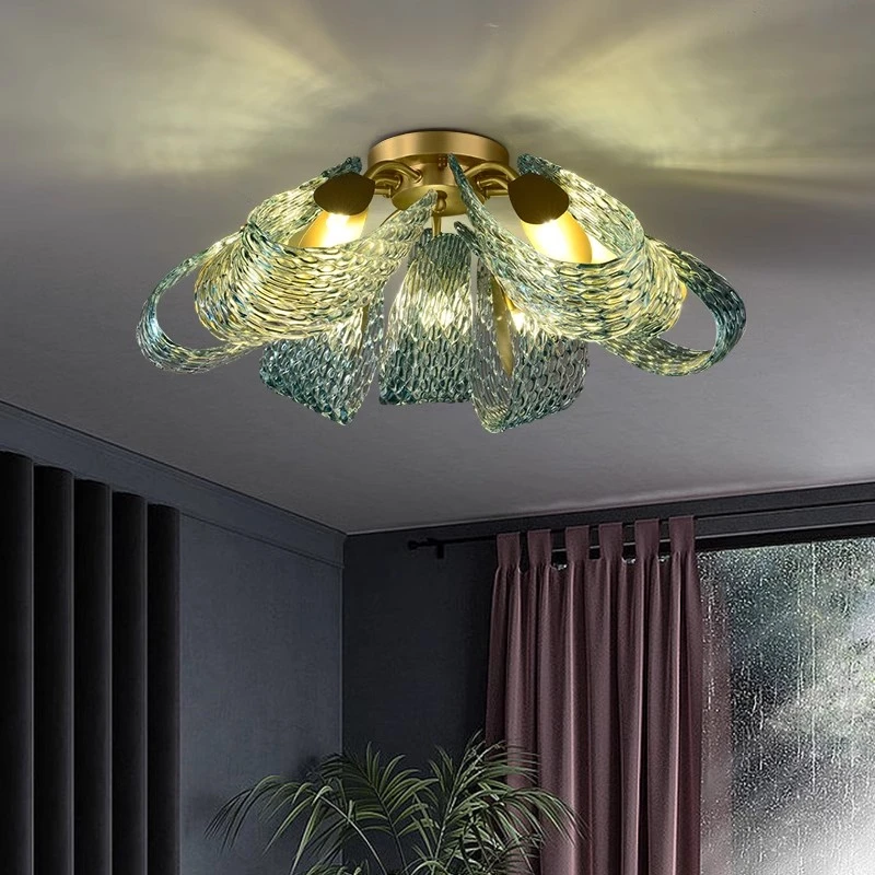 New Copper Ceiling Light Peacock Blue Glass Lampshade Flower Shape Lighting Fixture French Master Bedroom Living Room Chandelier