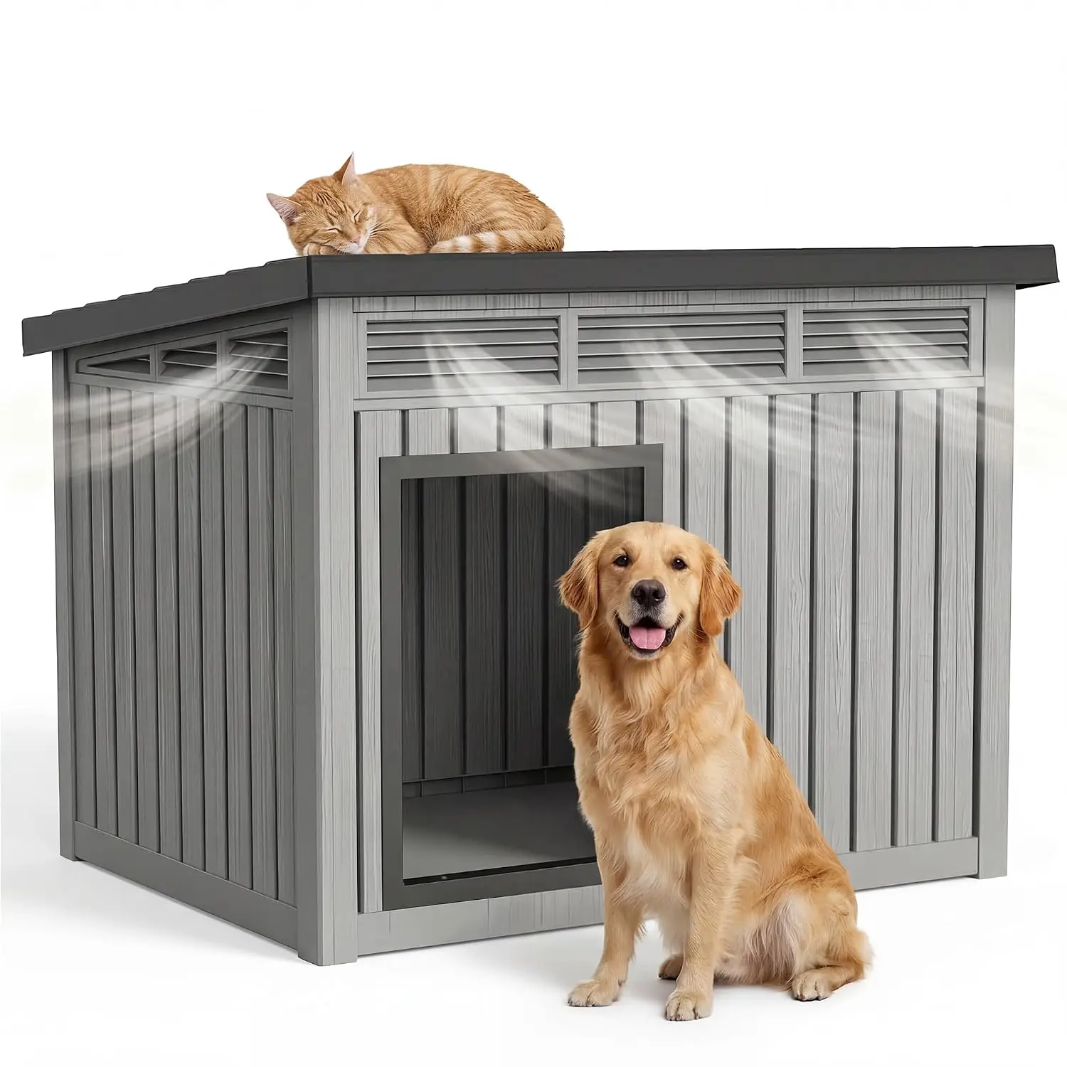 Large Dog House Weatherproof Resin Outdoor Sloped Roof & Ventilation Indoor Outdoor Easy Assemble 42.87*32.95*31.61, Customized