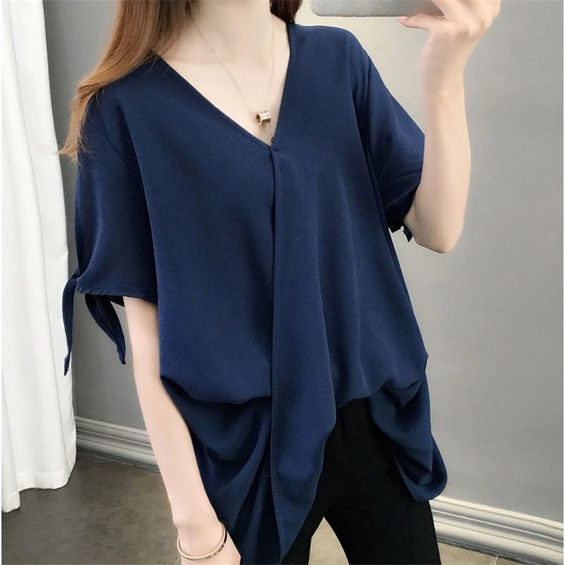 Women Bow Simple Casual Asymmetrical Y2K Oversized Blouse Summer Korean Fashion V Neck Short Sleeve Shirt Solid Tunic Tops Ropa