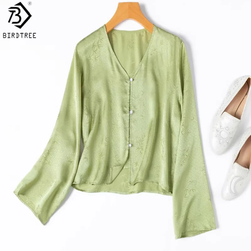 

Жаккардовая блузка Birdtree из 100% натурального шелка, дышащая, солнцезащитная, женская рубашка с длинным рукавом и V-образным вырезом, новинка весны 2026, T61601JF