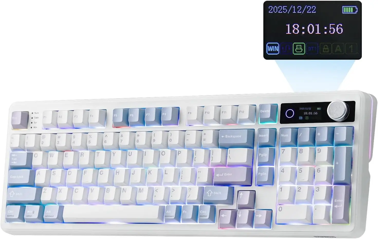 96% Mechanical Keyboard with Screen, Knob, 10000mAh Battery, Wireless Gaming for PC/Mac (Blue&White)
