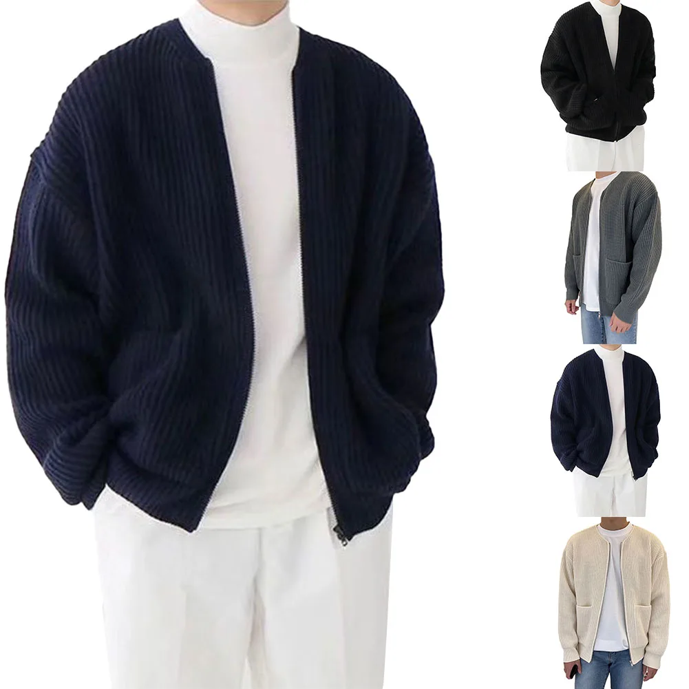 

Men Zip Up Knitted Cardigan Lined Funnel Neck Jumper Sweater WITH Pockets Coat All Seasons Comfortable Soft Long-Sleeve