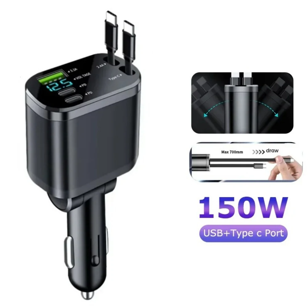 5-IN-1 einziehbares Autoladegerät PD30W Auto-Zigarettenanzünder-Adapter, neuer, verbesserter Schnellladespannungsanzeige, Dual-Kabel-Adapter