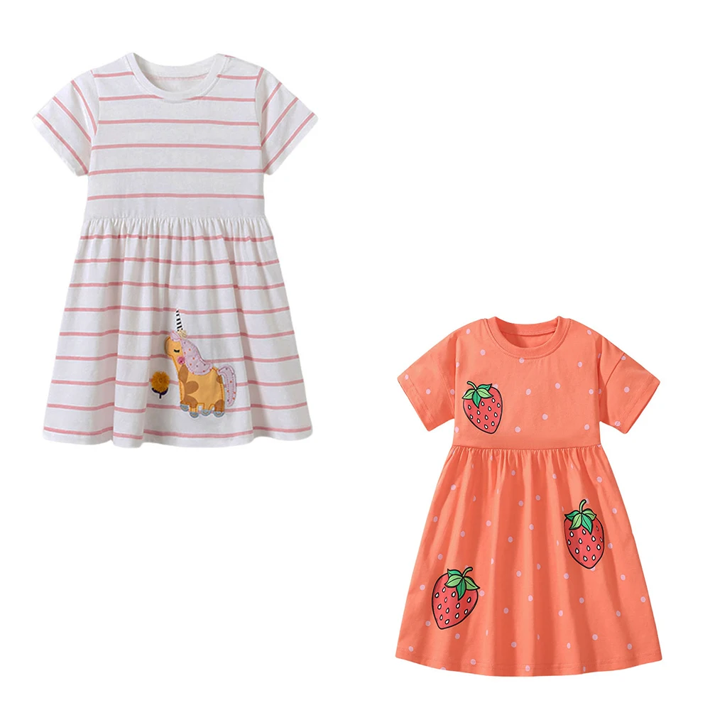 Jumping Meters Striped Unicorn Summer Princess Baby Girls Dresses Animals Applique Party Birthday Kids Short Sleeve Frocks