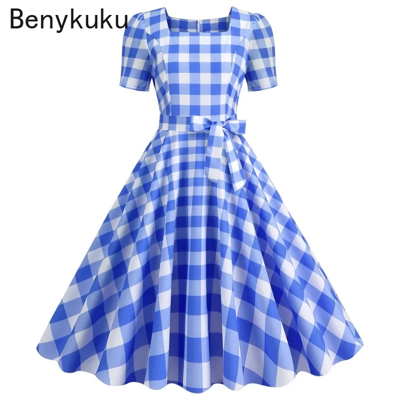 Red Square Collar Retro Short Sleeve Summer Clothes 2026 Audrey Hepburn 50s 60s Vintage Pin Up Rockabilly Dress Women Clothing