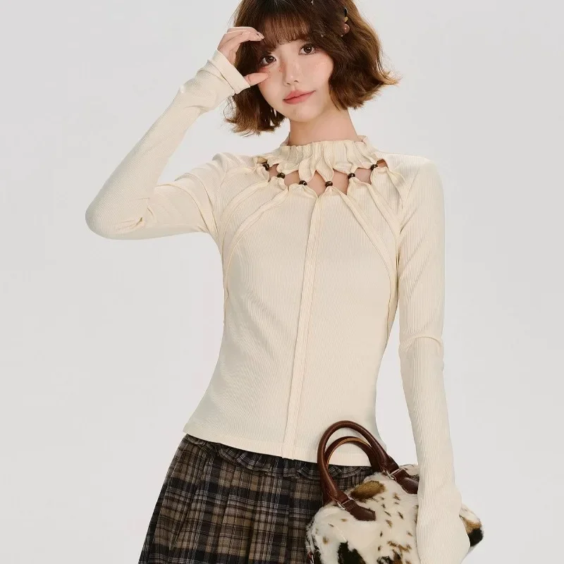 Camisetas de manga larga caladas para chica picante, Top corto de diseño ajustado liso Retro americano, ropa de calle gótica estética Y2k