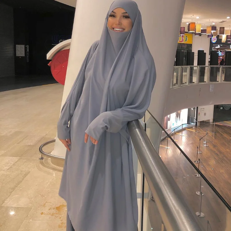 Eid Dubai Ramadan Prayer Garment Abaya Dress Women Jilbab Long Khimar Robe Kaftan Niqab Islam Clothe Two-Pieces Lady Muslim Set