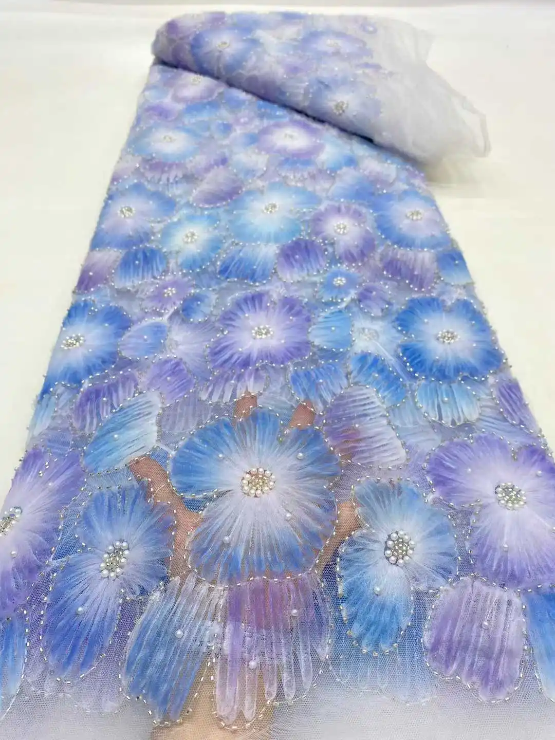 2025 Neueste Afrikanische Net Spitze Perlen Chiffon Spitze Stoff Hohe Qualität 3d 5 Yards Nigerian Französisch Tüll Spitze Stoff für Hochzeit