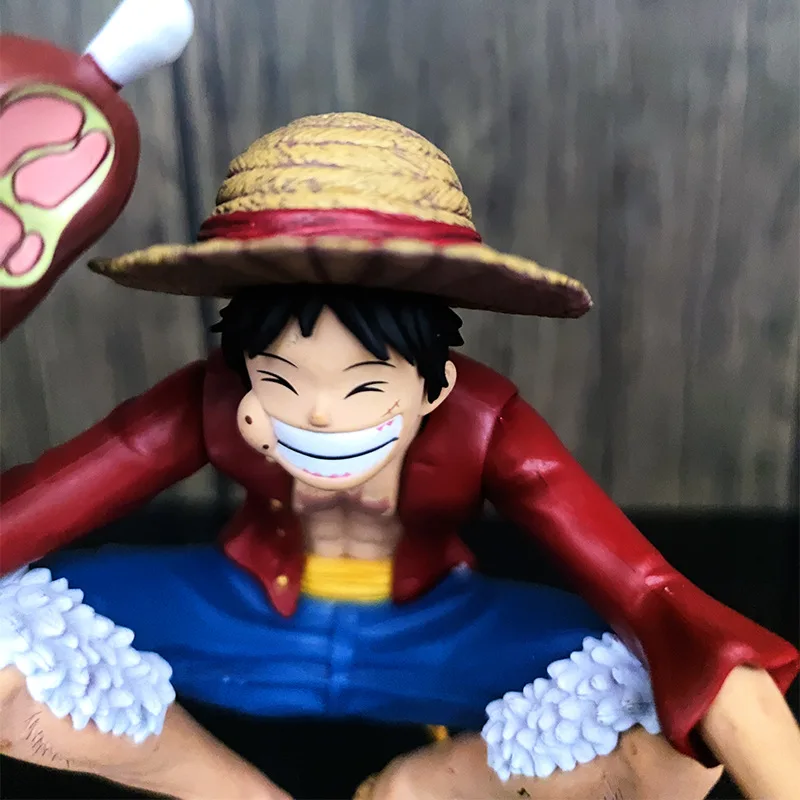 Figura de Luffy de One Piece de 15 cm, Sentado Comiendo Patas de Pollo, Escena de Anime, Modelo Hecho a Mano, Juguete para Niños, Regalo de Cumpleaños, Obra de Arte Coleccionable
