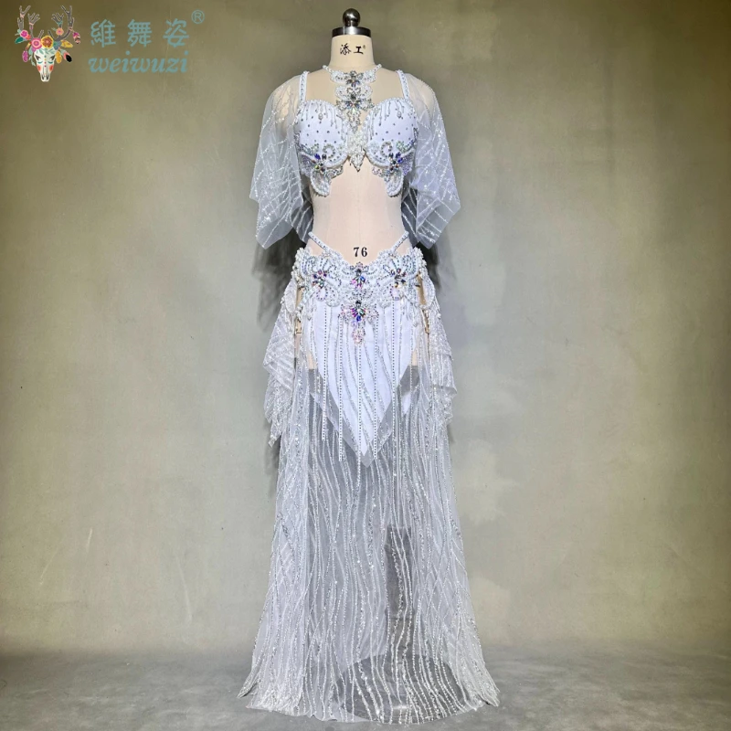 

Костюм для танца живота: женский, на заказ, с камнями AB, бюстгальтер + длинная юбка-рыбий хвост с бахромой, 2 предмета, для взрослых и детей, для соревнований