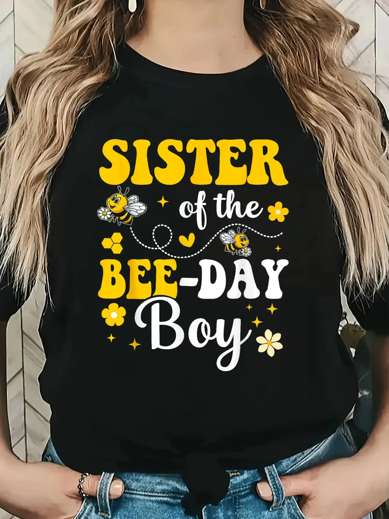 Beekeeping Family Matching Bee Day Birthday Party T Shirt for Mom Dad Sister with Bee Lettering Applique Casual Round Neck