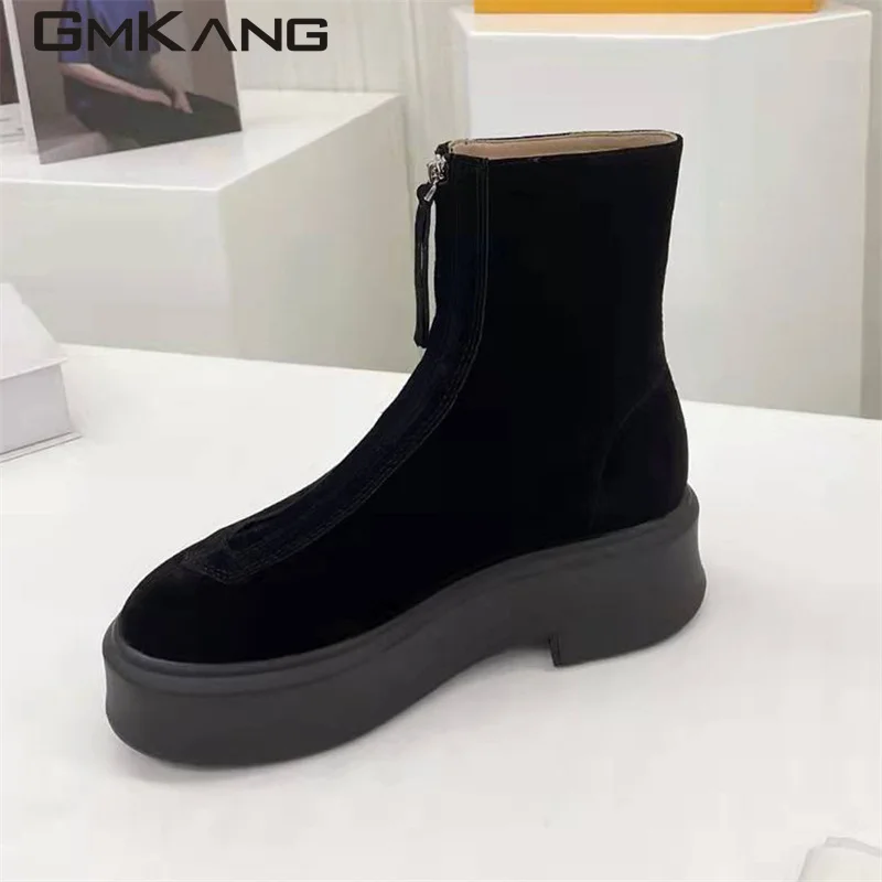 Autumn Winter Thick Sole Knight Boots Women Front Zipper Real Leather Ankle Boots Luxury Quality Motorcycle Boots Female Botas