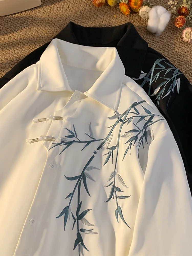 

Boys Youth Chinese Sle Long Sve irt Bamboo Embroidery Traditional Hanfu Jaet Loose Fit Cool Feeling Regular Length