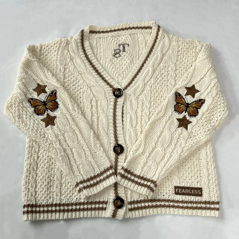 Beige Brown Women Cardigan with Butterfly Star Patch Knitted Sweaters Folklore Girl Tops Autumn Winter Vintage Holiday Cardigans