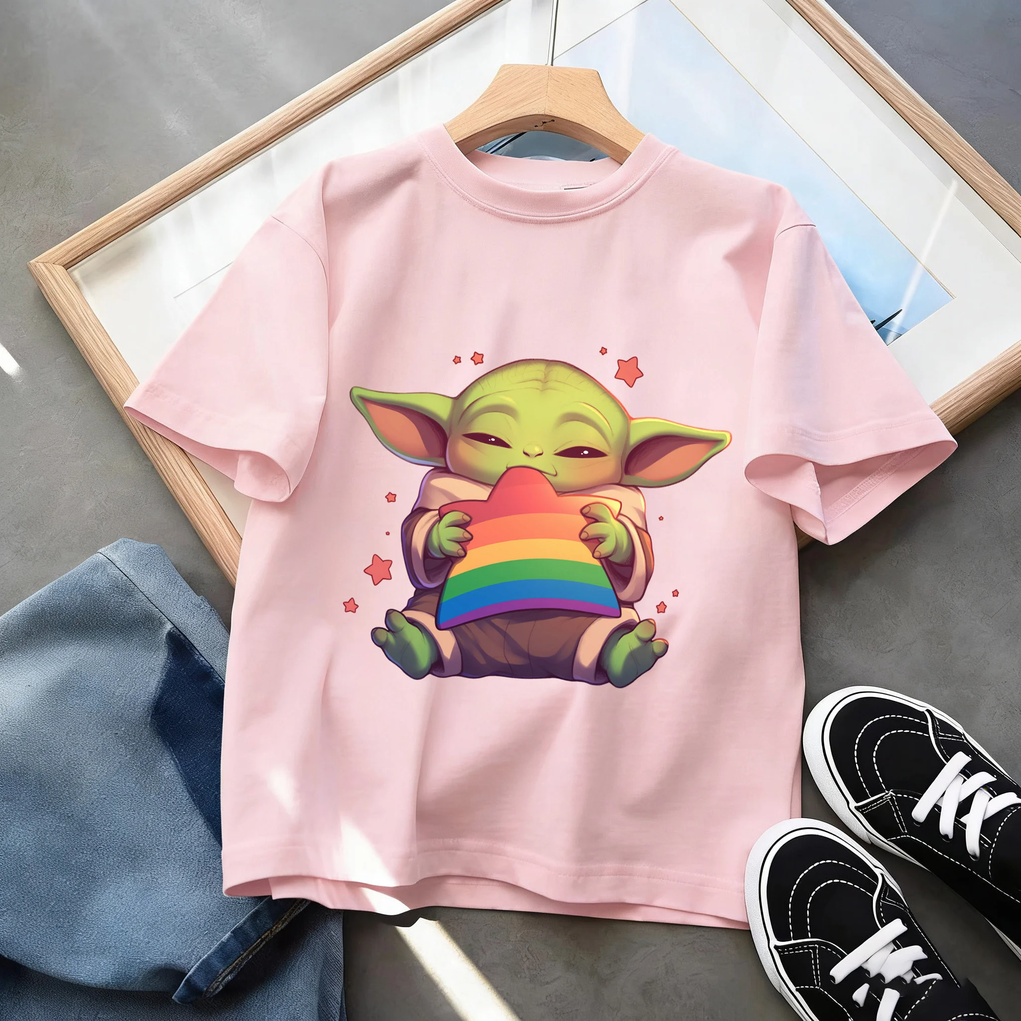 Camiseta infantil moderna do Baby Yoda Mandalorian Star Wars, manga curta, amigável à pele, combina com tudo, para meninos e meninas, roupa de verão ao ar livre