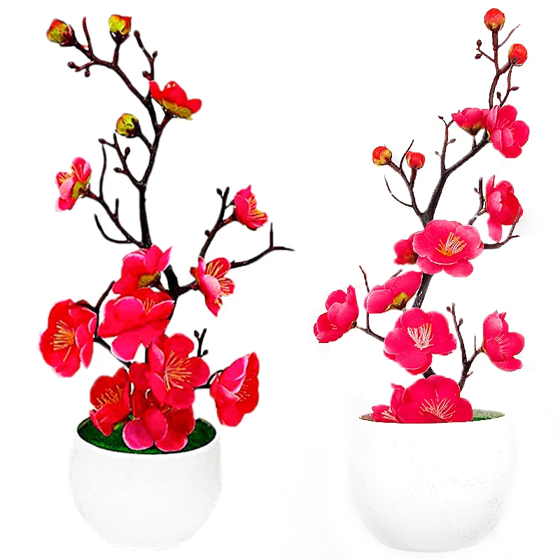 Simulation Plum Flower Pot Plant Artificial Plastic Fake Flowers Home Office Desktop Ornaments Wedding Party Background Decor