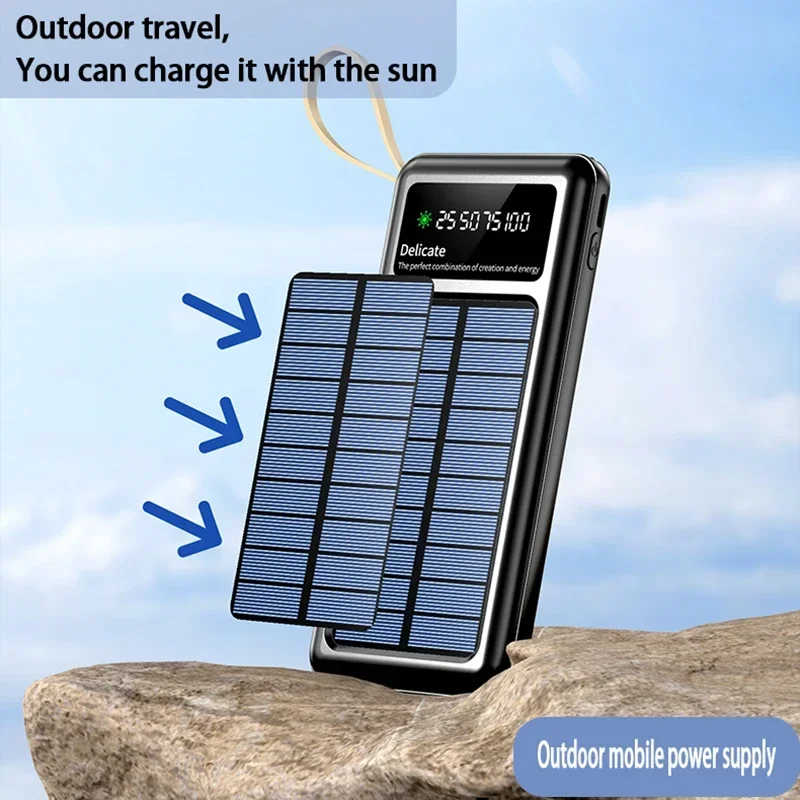 Solar Power Bank 20000mAh with Built-in Cables and Dual LED Flashlights, Portable External Battery Pack For Samsung and iPhone view 3