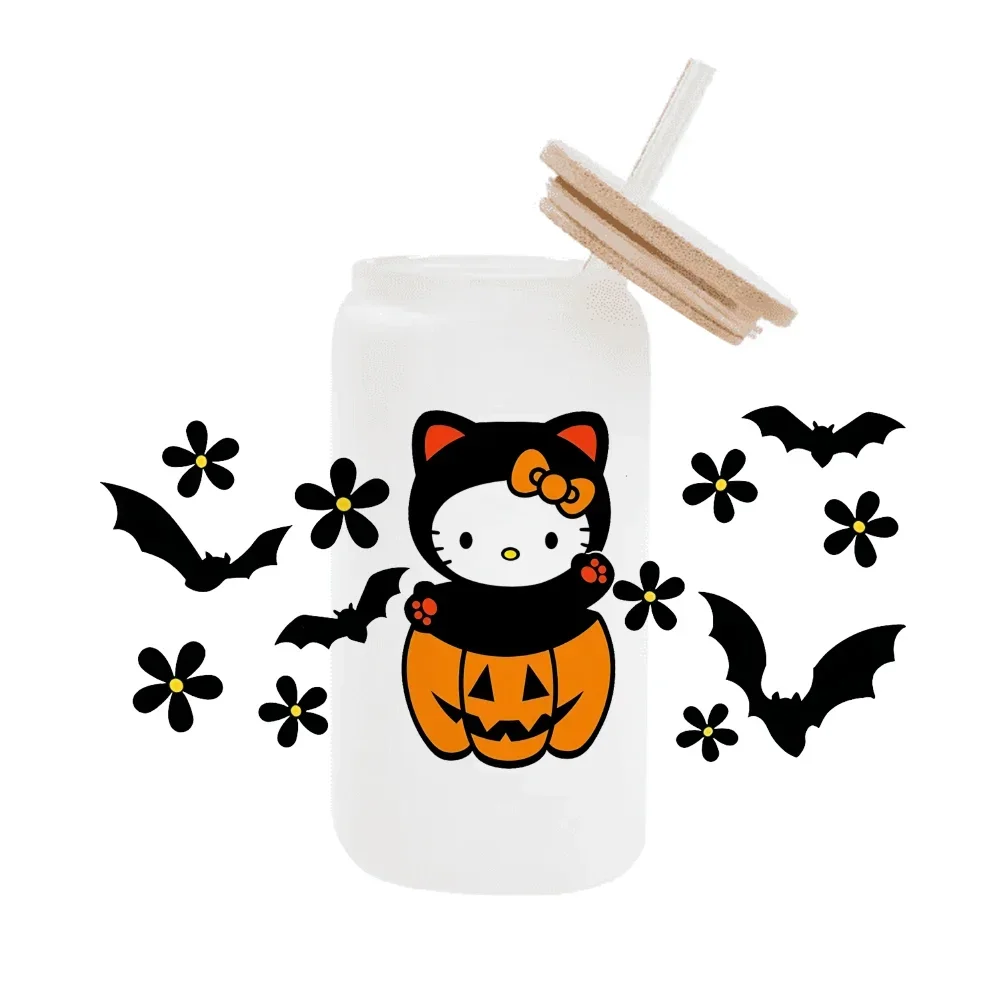 11x24cm Halloween Hello Sanr Cat Pink cartoon For Libbey 16oz Can Glass 3D Waterproof UV DTF Coffee Can Wrap Libbey Glass Wrap