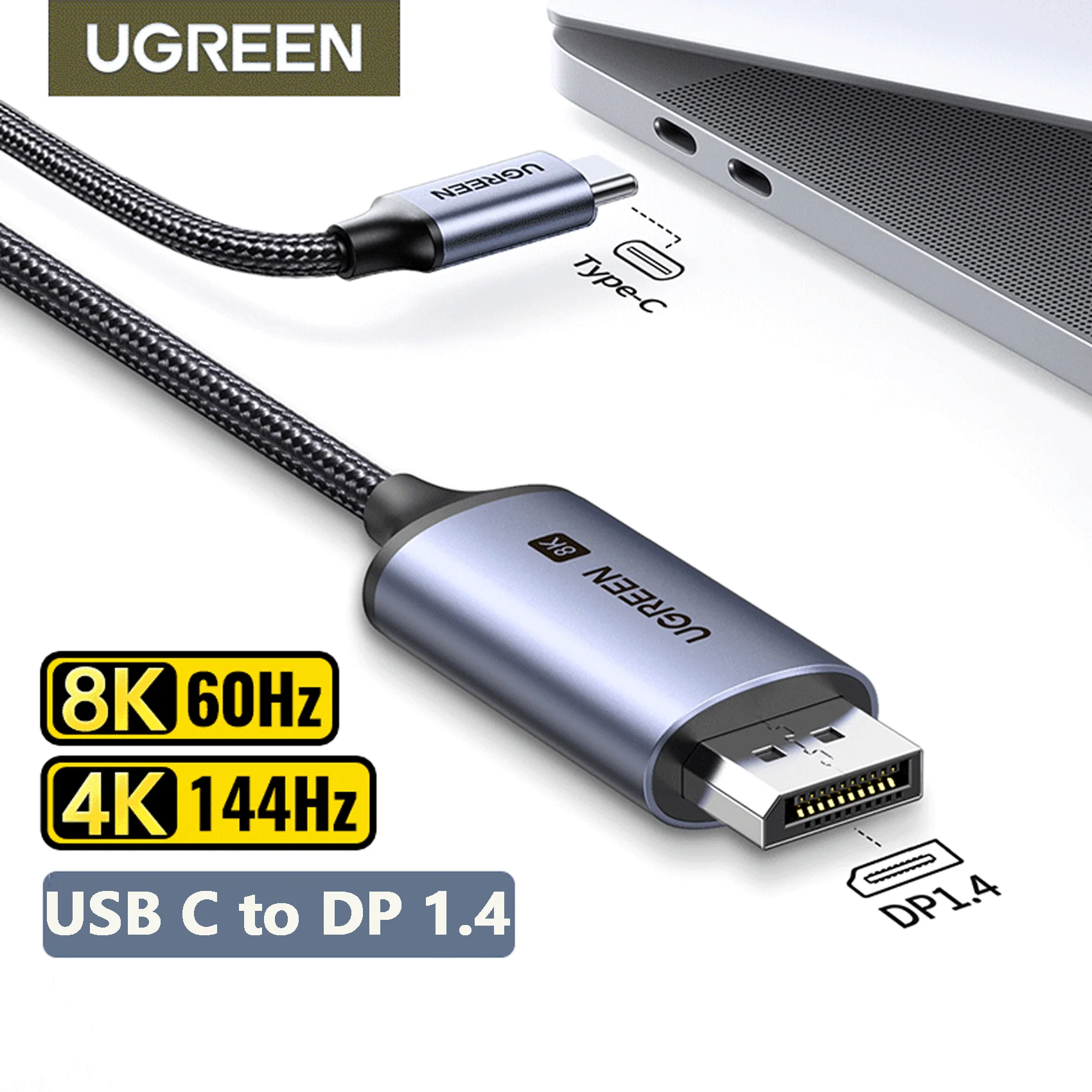 UGREEN USB C에서 8K 디스플레이 포트 1.4, 맥북 프로 아이패드용, 썬더볼트 3/4 호환, USB C타입-디스플레이 포트 케이블, 32.4Gbps