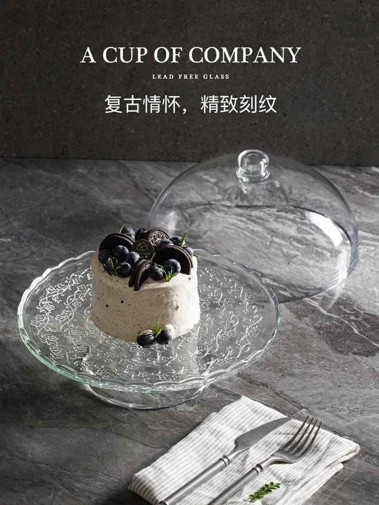 Glass high foot cake display tray, dessert pastry dust cover, fruit tasting tray, home display rack