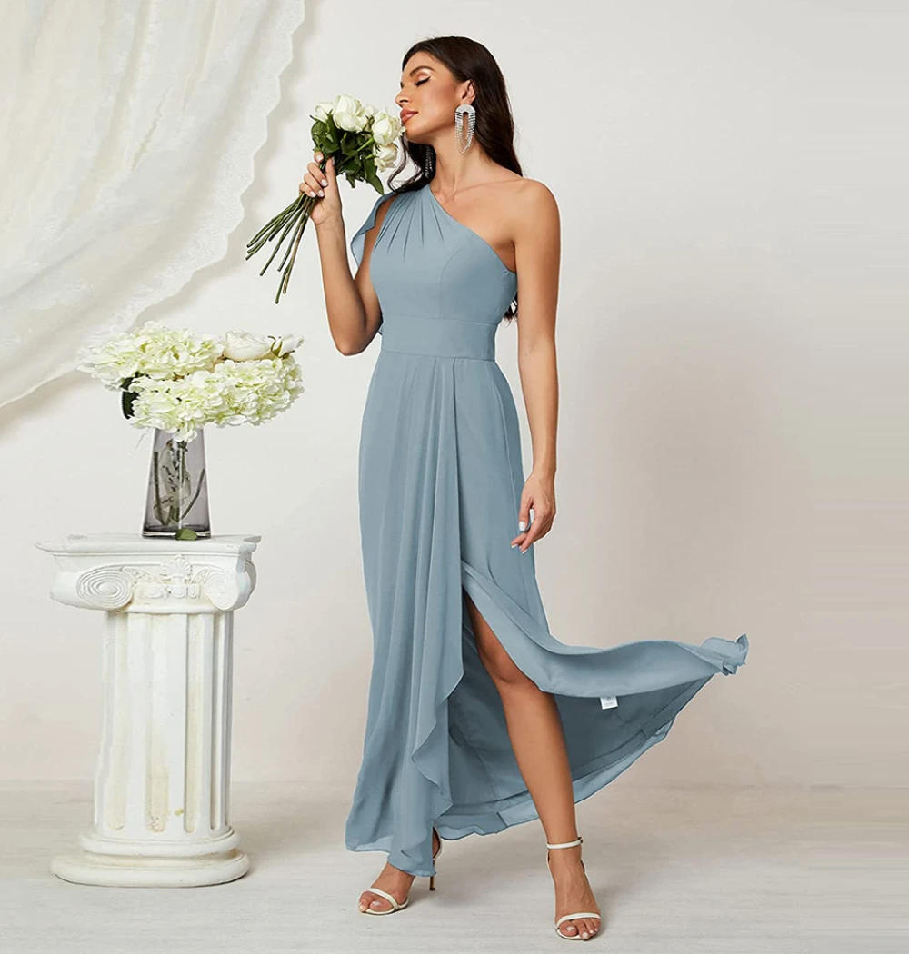 Dusty Blue Sheath Mother Of The Bride Dresses Side Split One-Shoulder Prom Gown Pleat Ruffles Chiffon Party Dress Vestidos