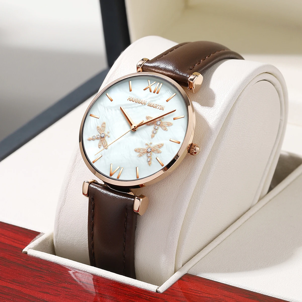 Hannah Martin Fashion Rose Gold Womens Watch Japanese Quartz Movement Casual Leather Strap 3Bar Waterproof Dragonfly Women Watch