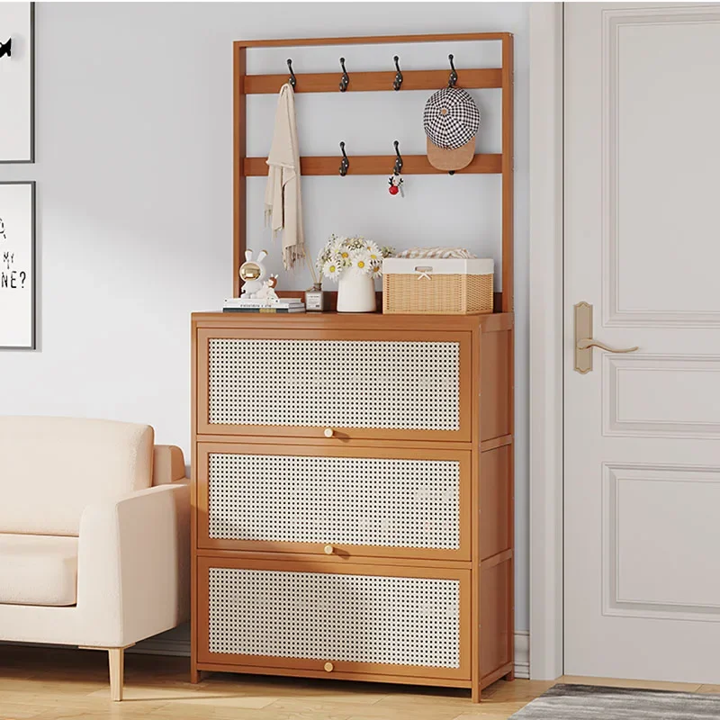 

Natural Bamboo Entry Shoe Bench with Coat Rack 6 Shelf Floor Standing Dustproof Organizer for Home Foyer Entry Decor Storage
