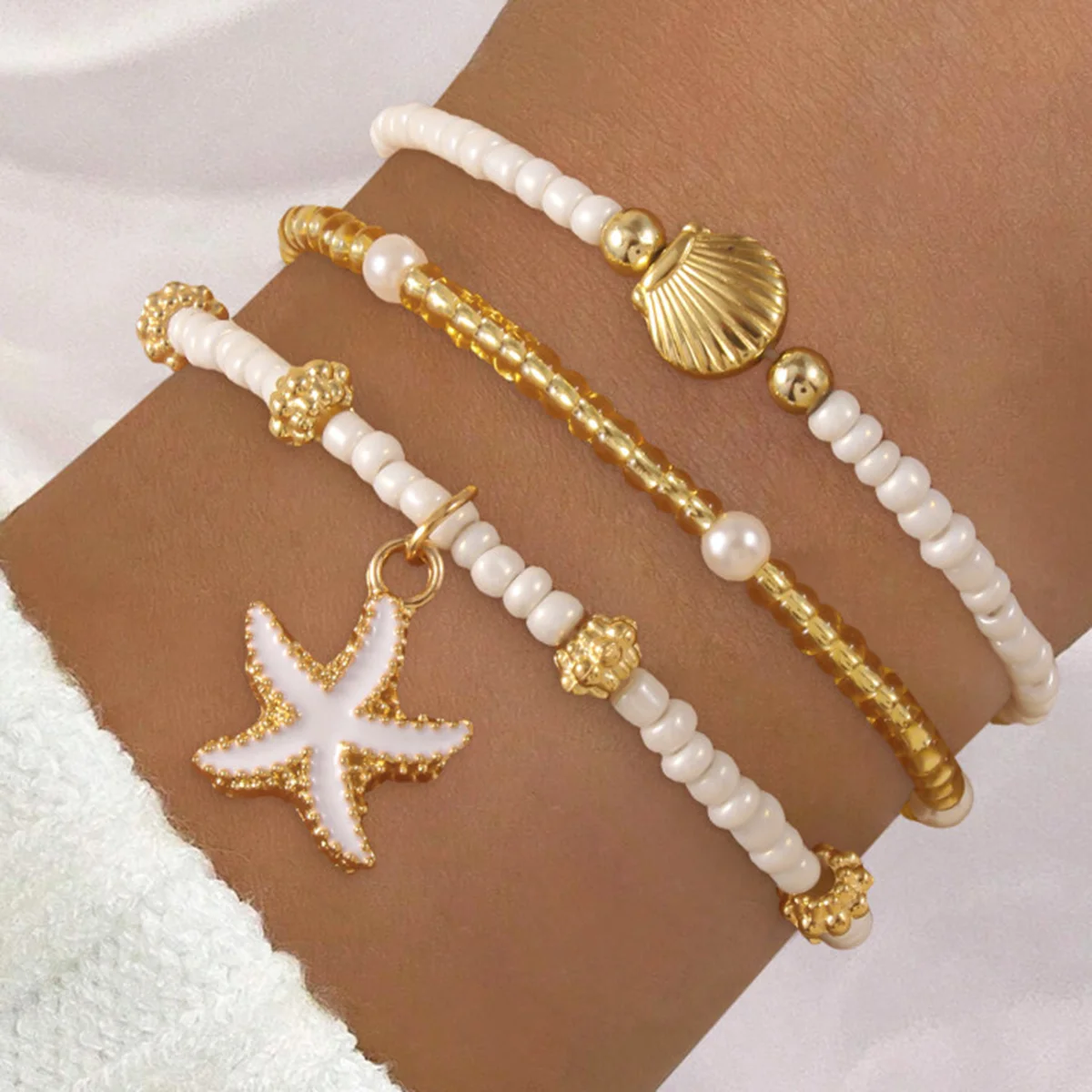 Requintado estrela do mar concha pulseira artesanal contas de semente múltiplas camadas pulseira feminina verão praia festa férias jóias