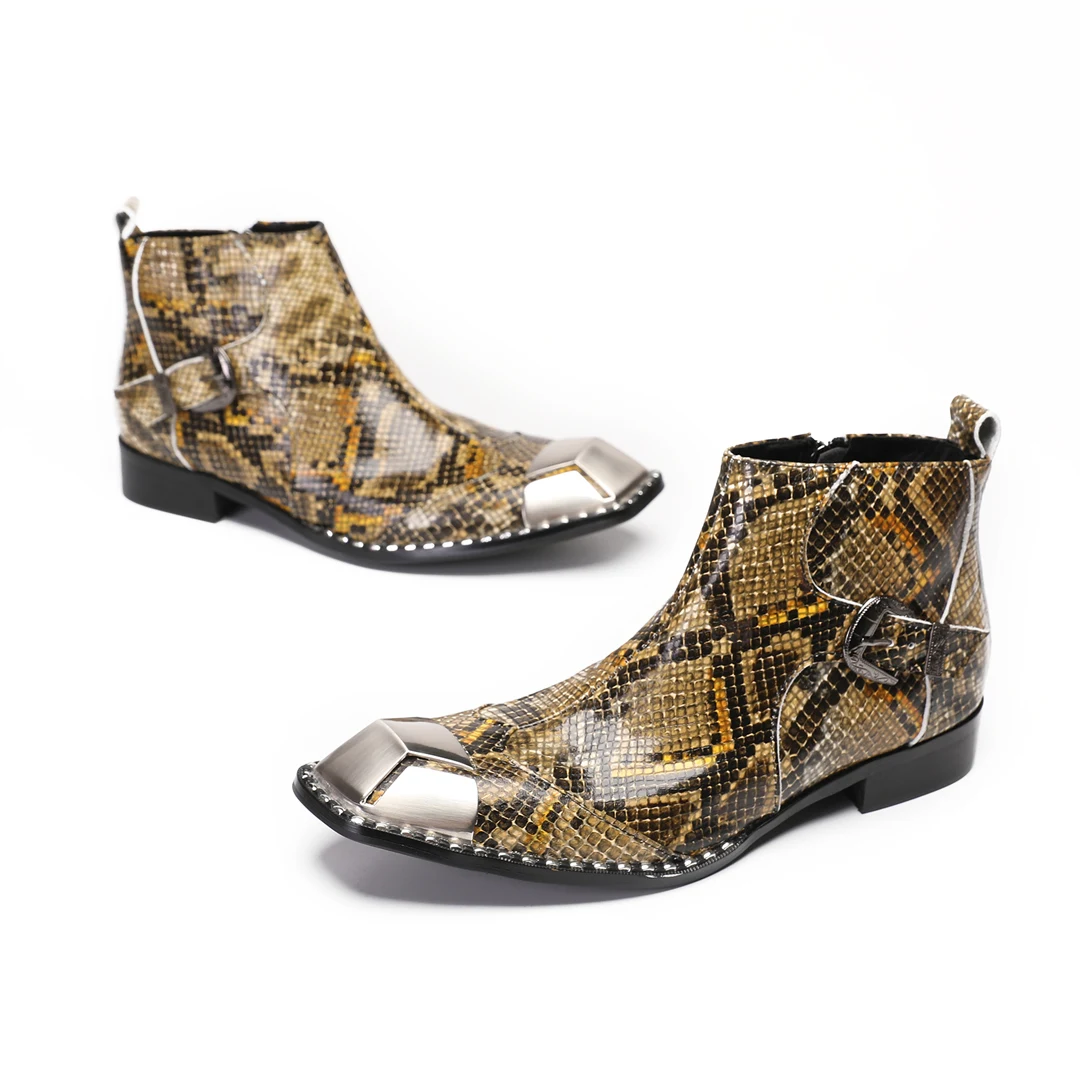 Botas Snake Pattern Genuine Leather Ankle Boots for Men Square Toe Motorcycle Short Boots Male Night Club Party Leather Shoes