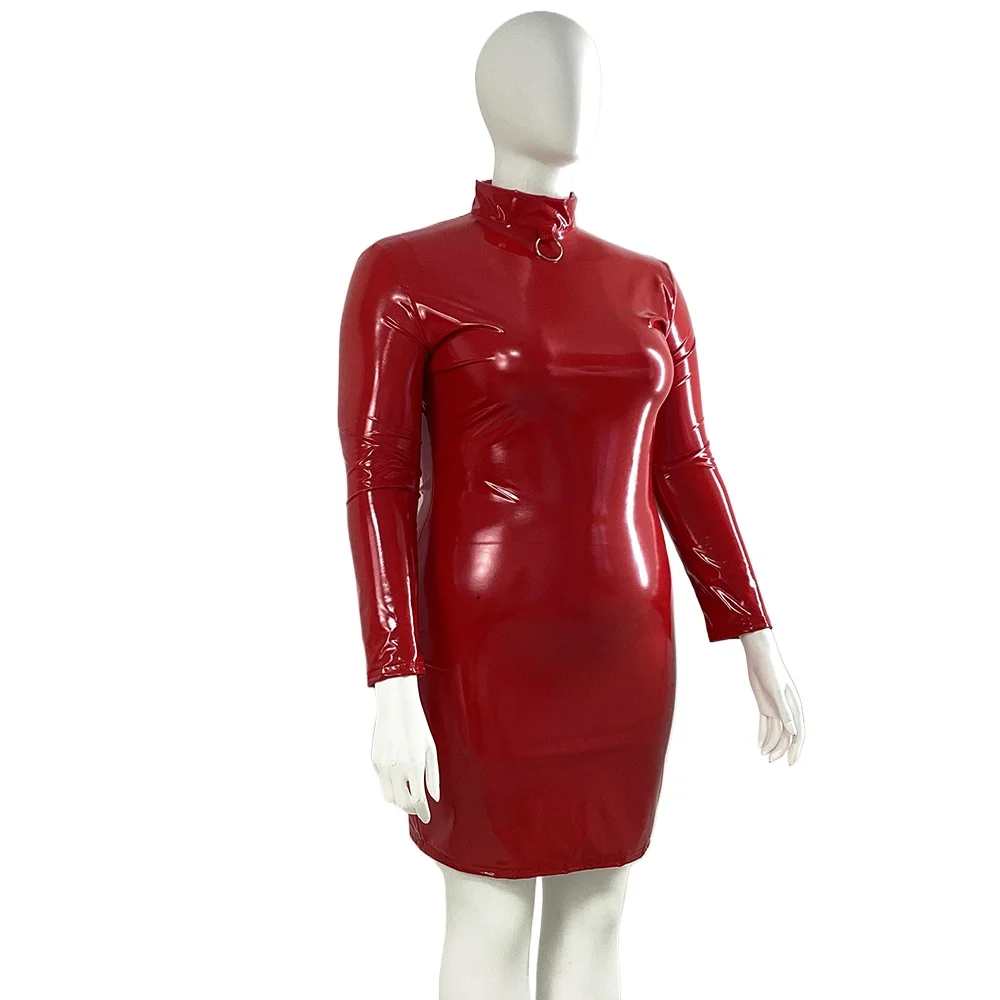 Women's Shiny PVC Tight Dress, Long Sleeve Bodycon, Knee-length, Sexy, Party, Club, Monochromatic, Clubwear, Plus Size