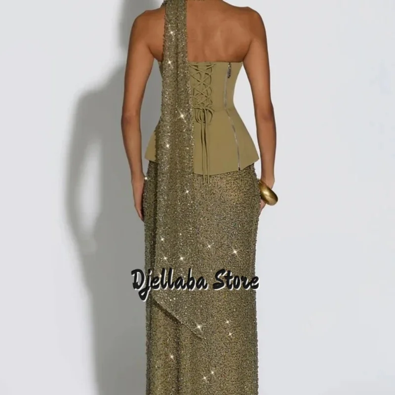 تخصيص الأخضر الترتر الأوشحة الحريرية الطويلة الجلباب دي soirée قطعتين مجموعة فساتين الحفلات بدون حمالات ألف خط فستان الحفلة الراقصة 2025