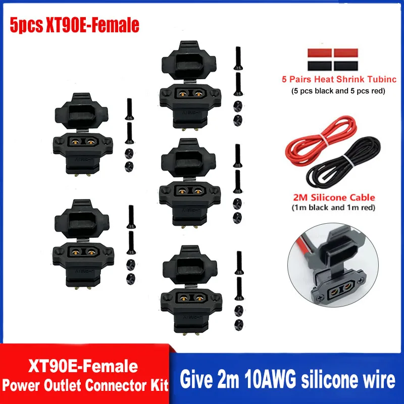 Genuine XT90E-F Battery Connector Kit: 5-piece set of gold-plated, mountable XT90E female connectors, includes 10 AWG silicone w