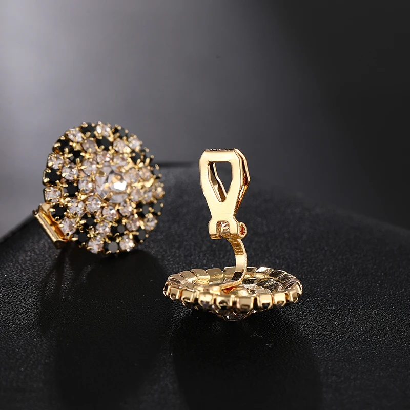 مختلط التألق حجر الراين كليب على أقراط للنساء ، أبيض وأسود ، الذهب الجولة دون ثقب ، أنيقة موضة ، مجوهرات الزفاف هدية