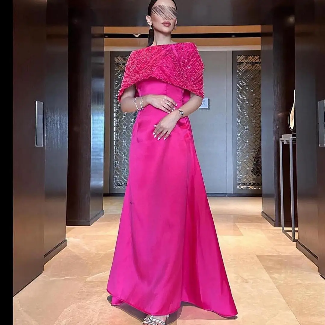 ที่กําหนดเอง Fuchsia ซาตินชุดราตรีปิดไหล่ Beadings Sequins ความยาวชั้น Elegant Evening Party Dresses