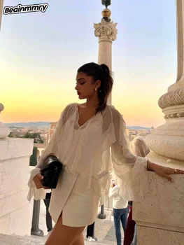 Elegante camicetta a maniche lunghe con scollo a V con volant solido Camicia monopetto chic da donna in prospettiva 2025 Primavera New Lady Commute Top